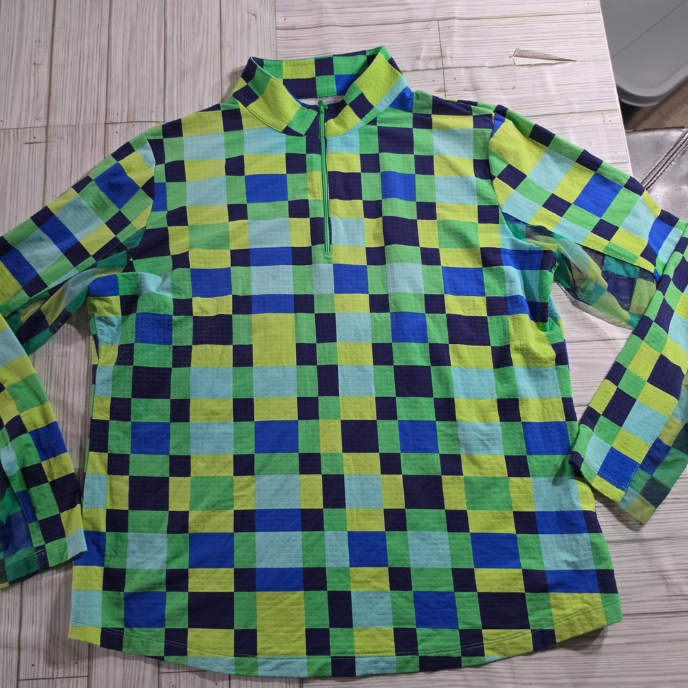 IBKUL Womens XL Green Blue Checkered Quarter Zip Sun Shirt UPF 50+ Long Sleeve